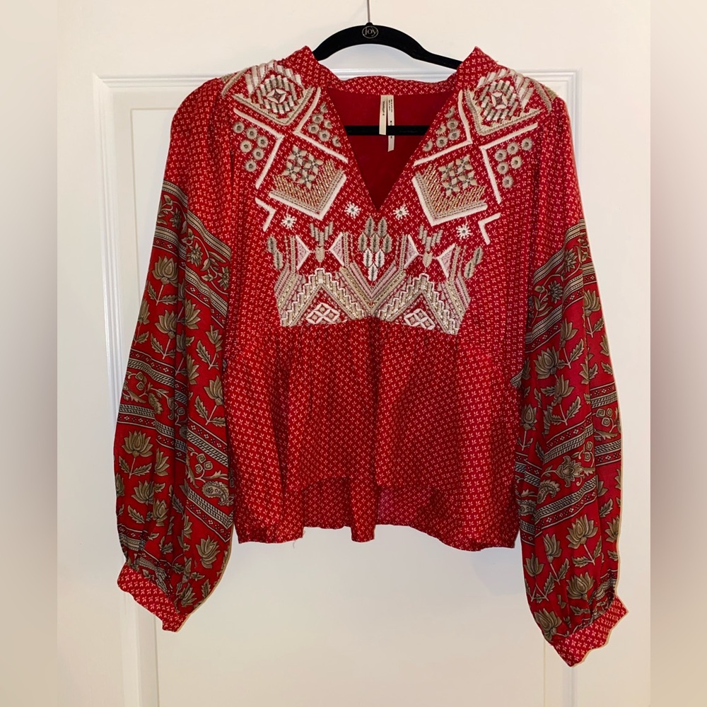 Anthropologie Keira Embroidered Peplum Blouse in Red Size Medium